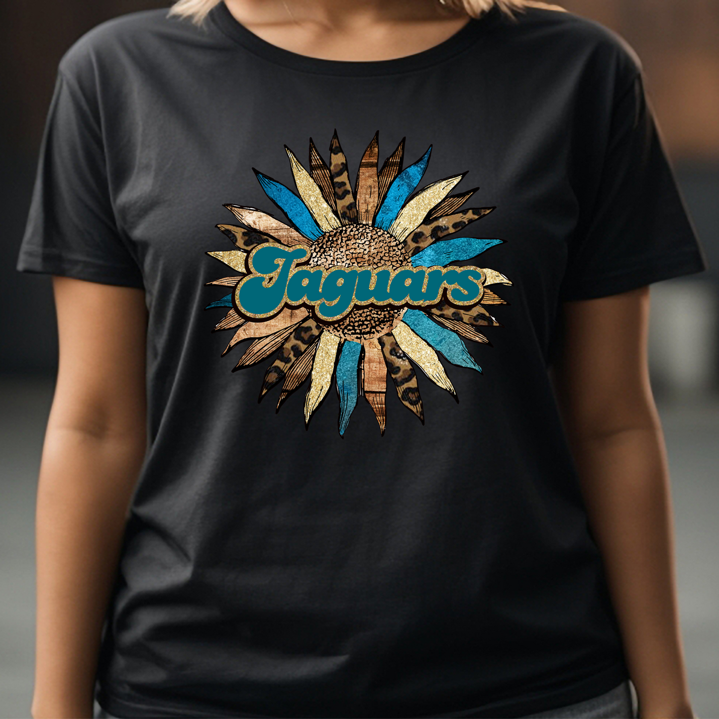 Jaguars Boho Sunflower Glitter, Teal & Leopard Print, Jacksonville Jaguars Inspired Women's Football Short Sleeve T-shirt