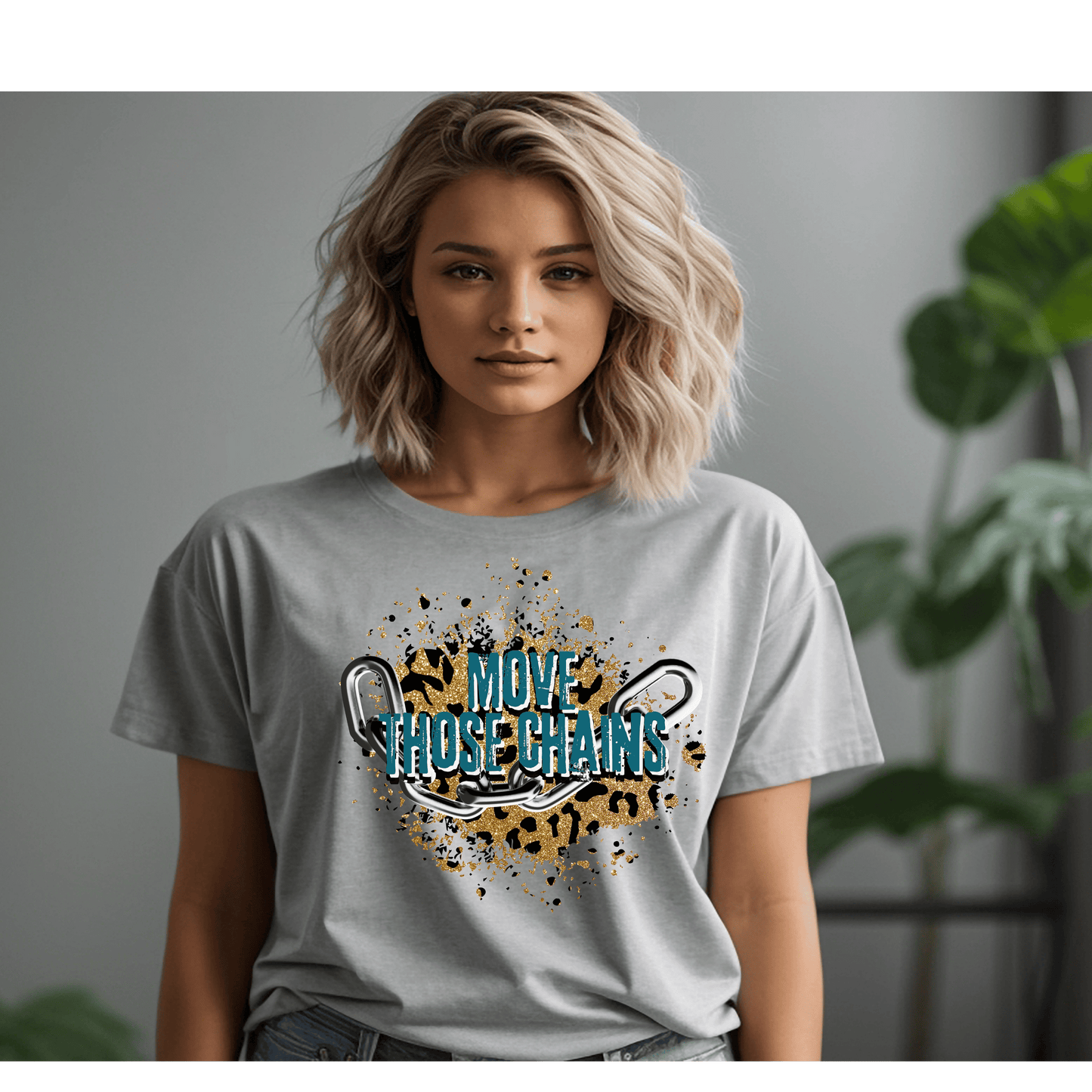 Move Those Chains Teal & Leopard Print, Jacksonville Jaguars Inspired Women's Football Short Sleeve T-shirt