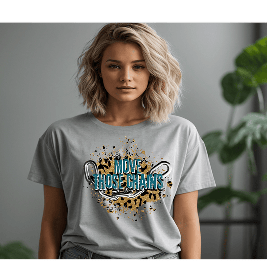 Move Those Chains Teal & Leopard Print, Jacksonville Jaguars Inspired Women's Football Short Sleeve T-shirt