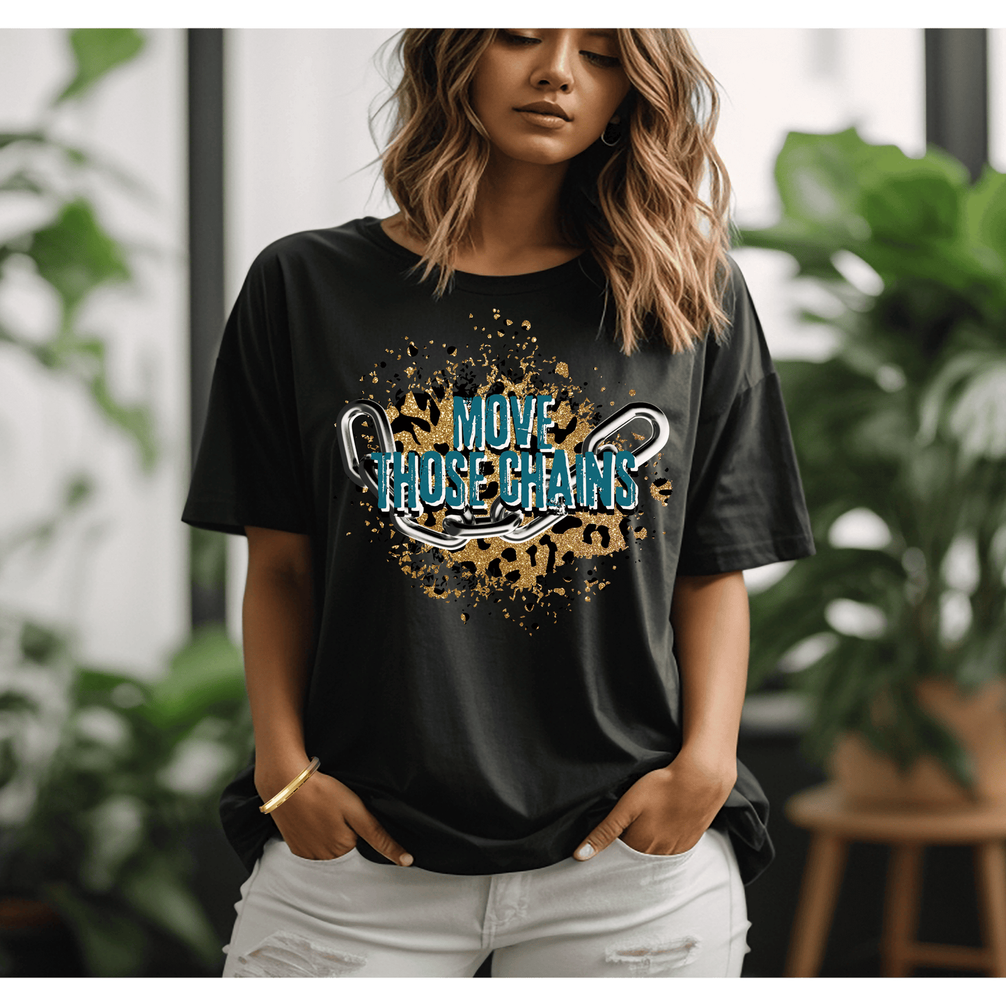 Move Those Chains Teal & Leopard Print, Jacksonville Jaguars Inspired Women's Football Short Sleeve T-shirt
