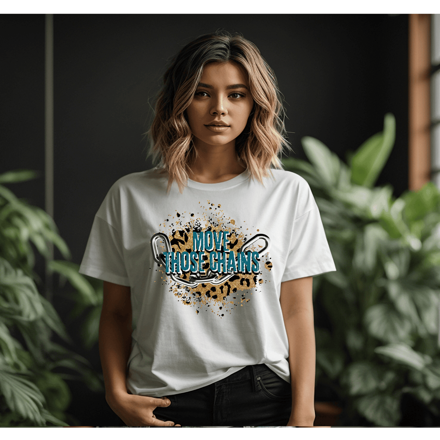 Move Those Chains Teal & Leopard Print, Jacksonville Jaguars Inspired Women's Football Short Sleeve T-shirt