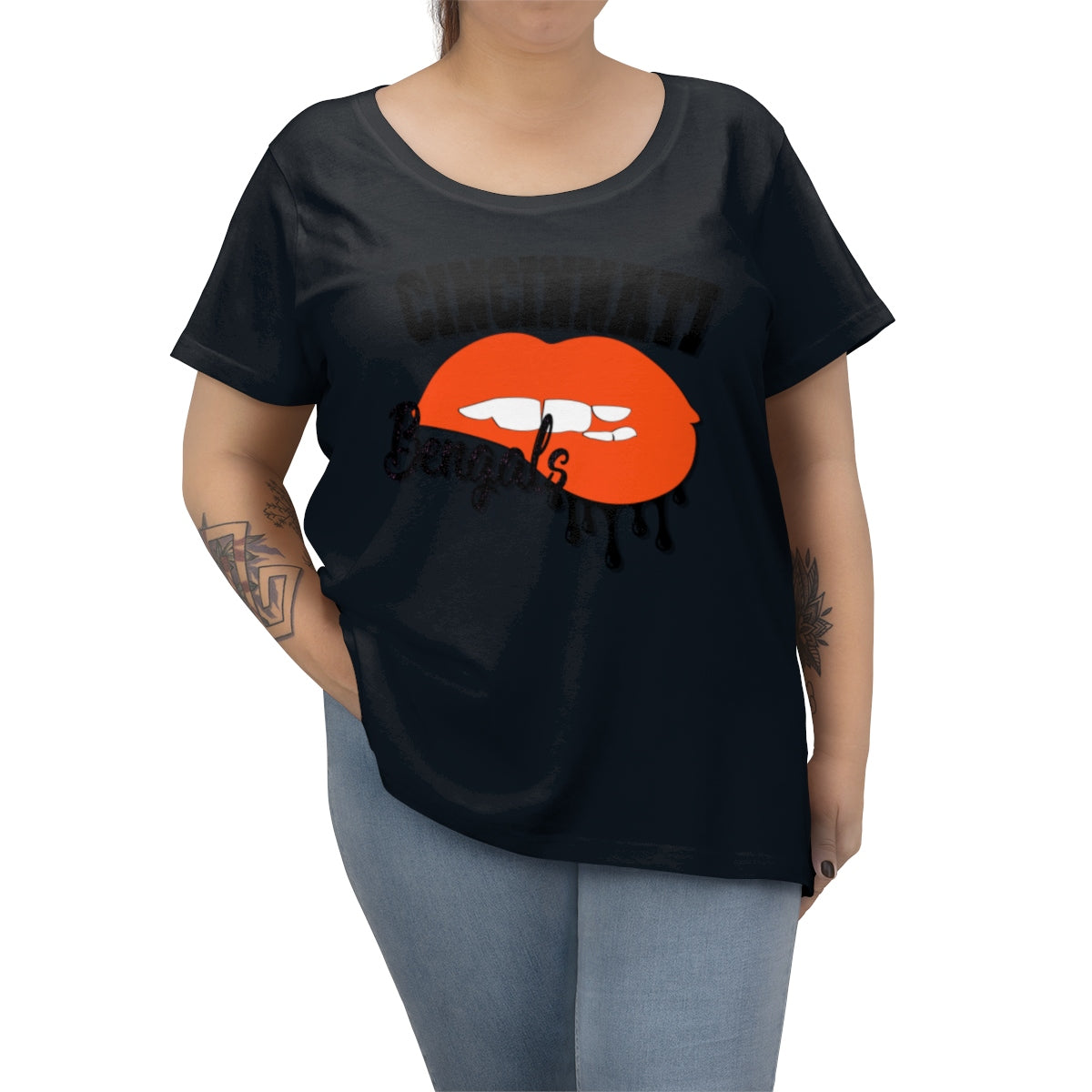 Cincinnati Bengals inspired Football Dripping Lips Women's Curvy Tee
