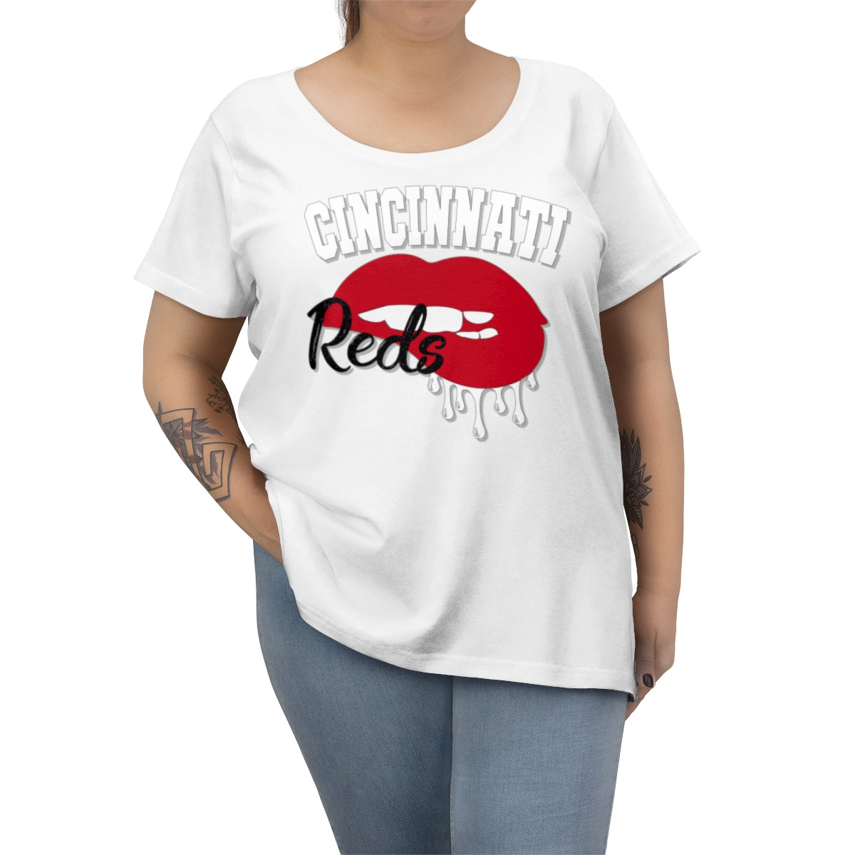 Cincinnati Reds inspired Baseball Dripping Lips Women's Curvy Tee