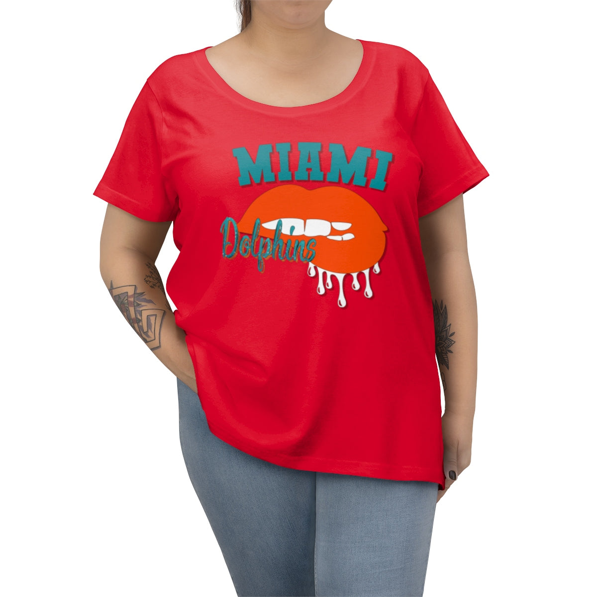 Miami Dolphins inspired Football Dripping Lips Women's Curvy Tee