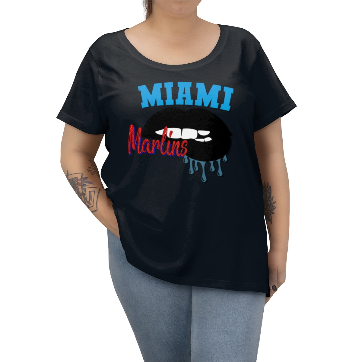 Marlins inspired Baseball Dripping Lips Women's Curvy Tee