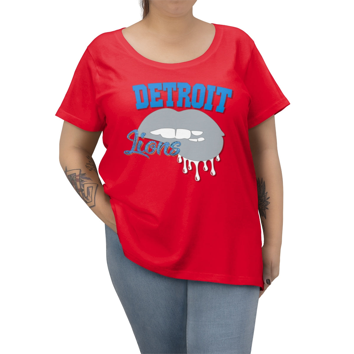 Detroit Lions inspired Football Dripping Lips Women's Curvy Tee