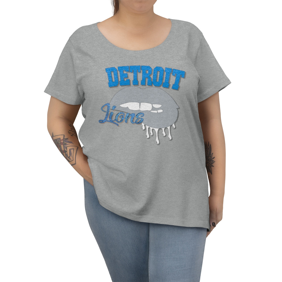 Detroit Lions inspired Football Dripping Lips Women's Curvy Tee
