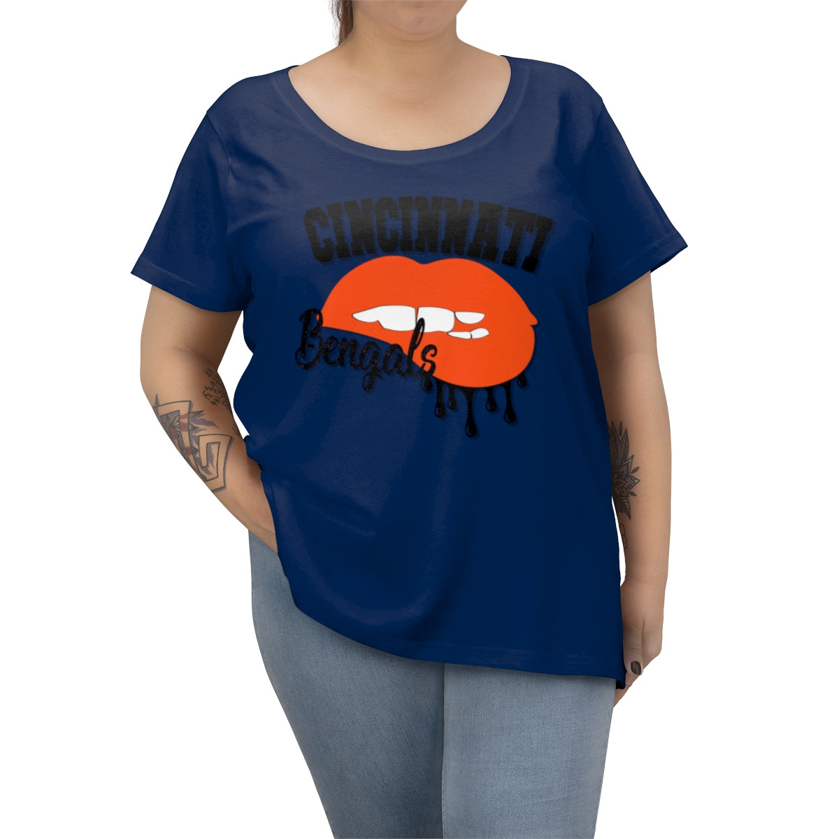 Cincinnati Bengals inspired Football Dripping Lips Women's Curvy Tee