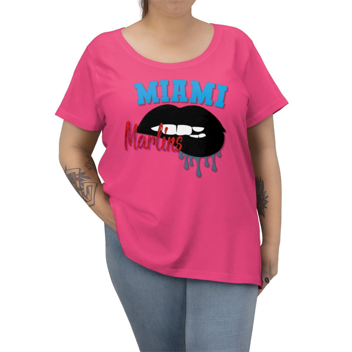 Marlins inspired Baseball Dripping Lips Women's Curvy Tee