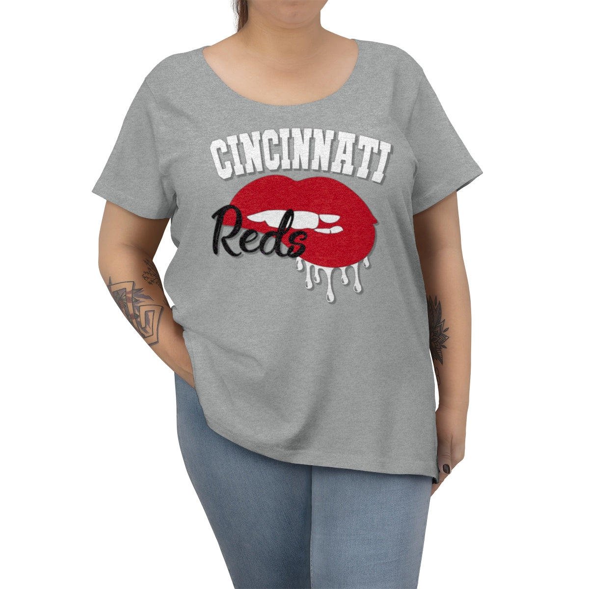 Cincinnati Reds inspired Baseball Dripping Lips Women's Curvy Tee