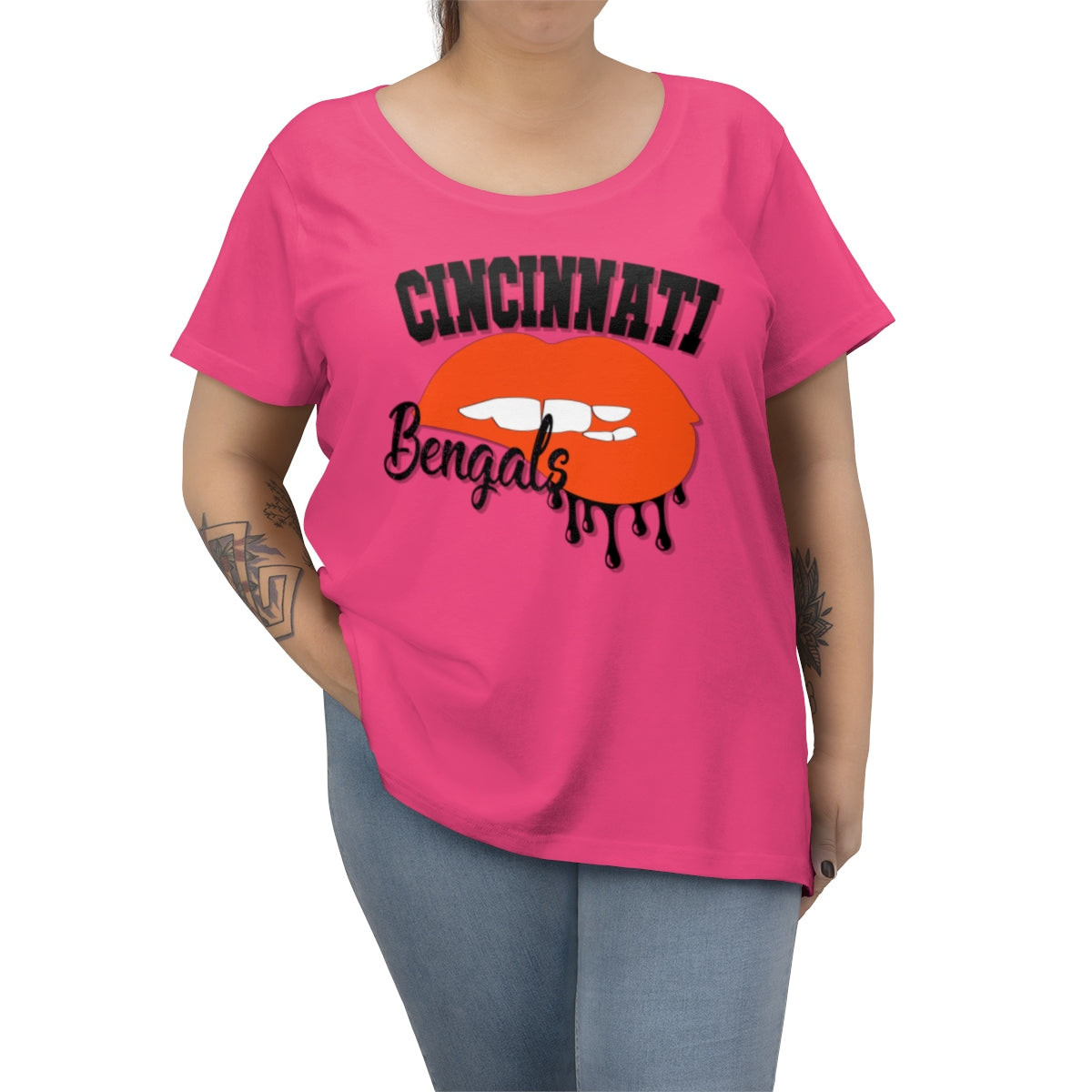 Cincinnati Bengals inspired Football Dripping Lips Women's Curvy Tee