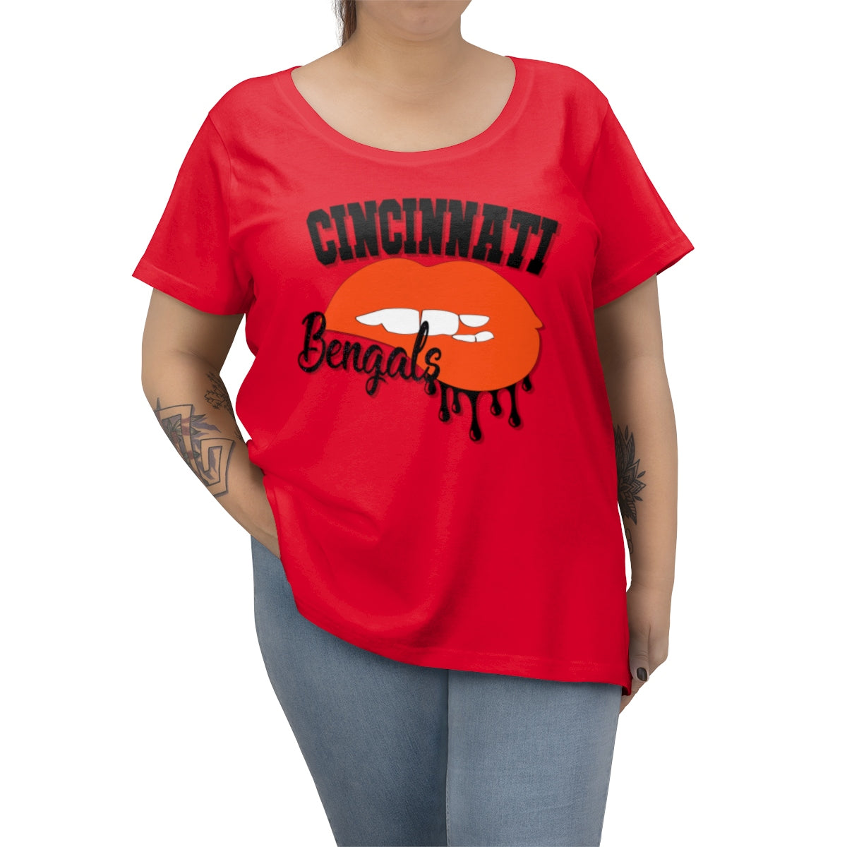 Cincinnati Bengals inspired Football Dripping Lips Women's Curvy Tee