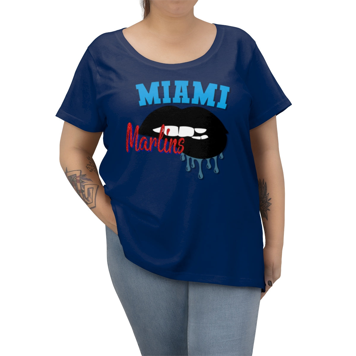Marlins inspired Baseball Dripping Lips Women's Curvy Tee