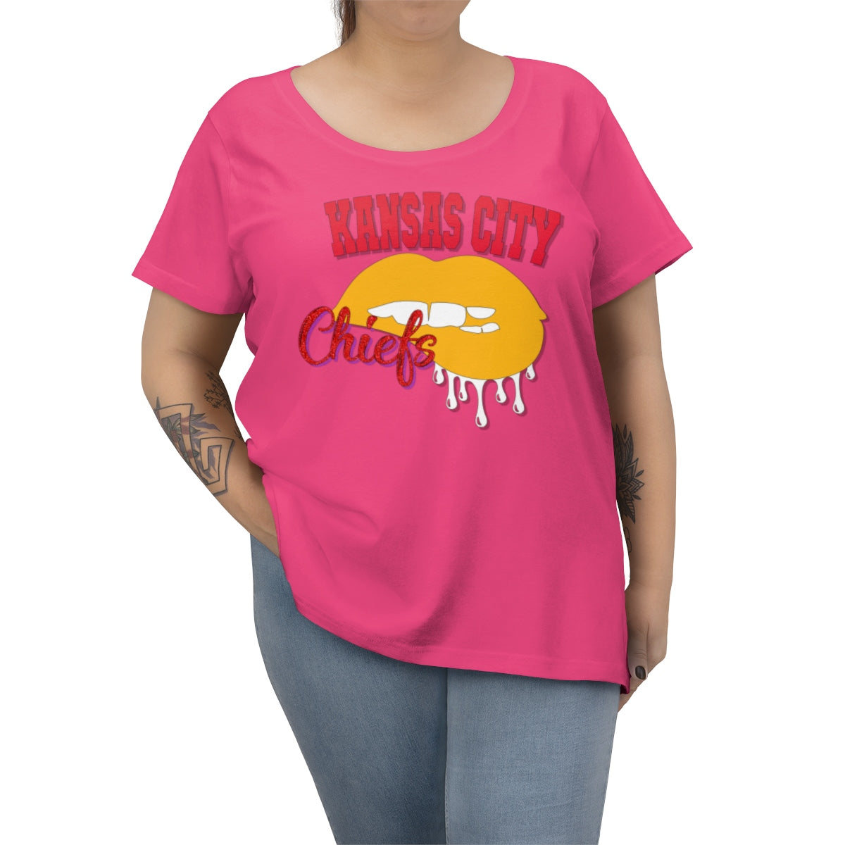 Kansas City Chiefs inspired Football Dripping Lips Women's Curvy Tee