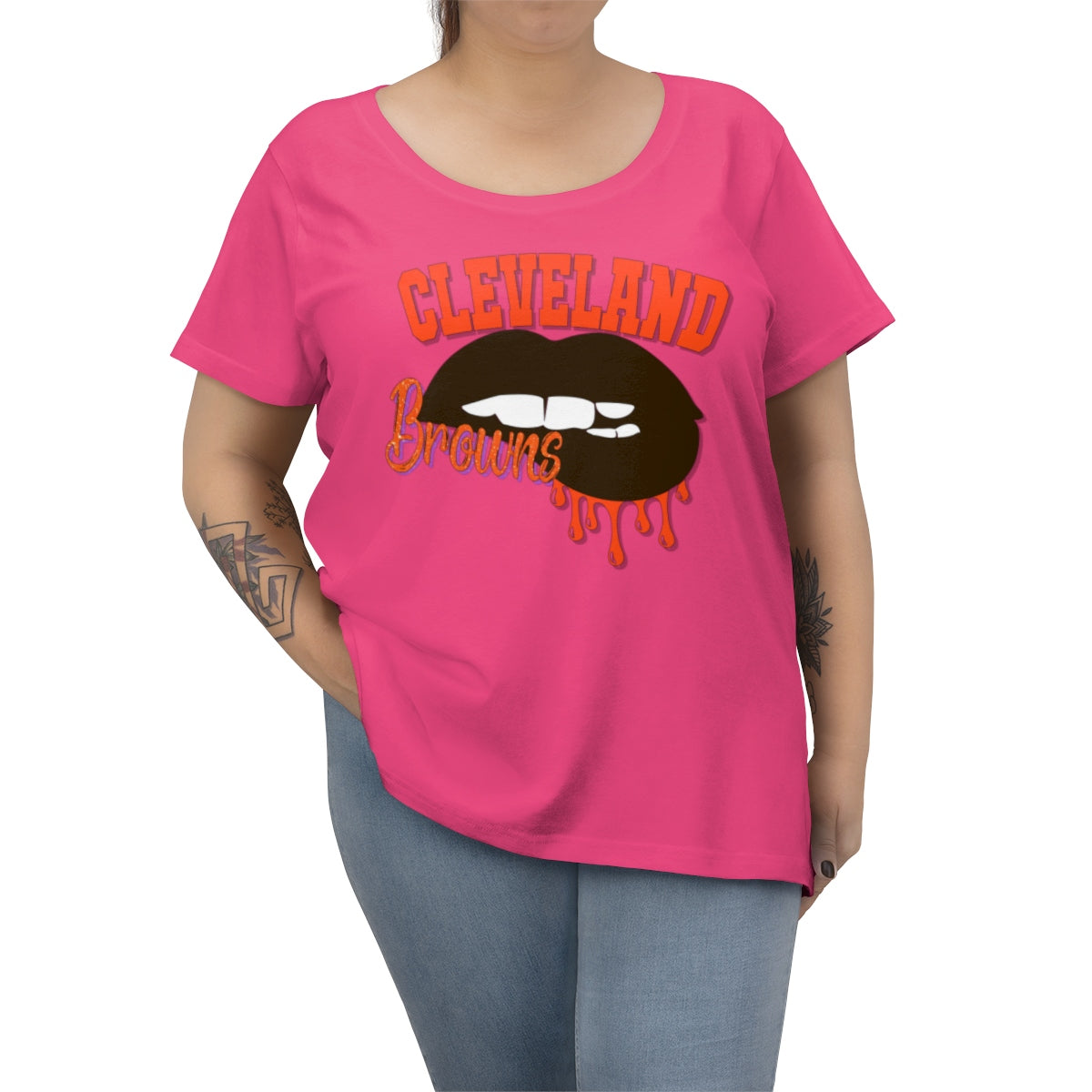 Cleveland Browns inspired Football Dripping Lips Women's Curvy Tee