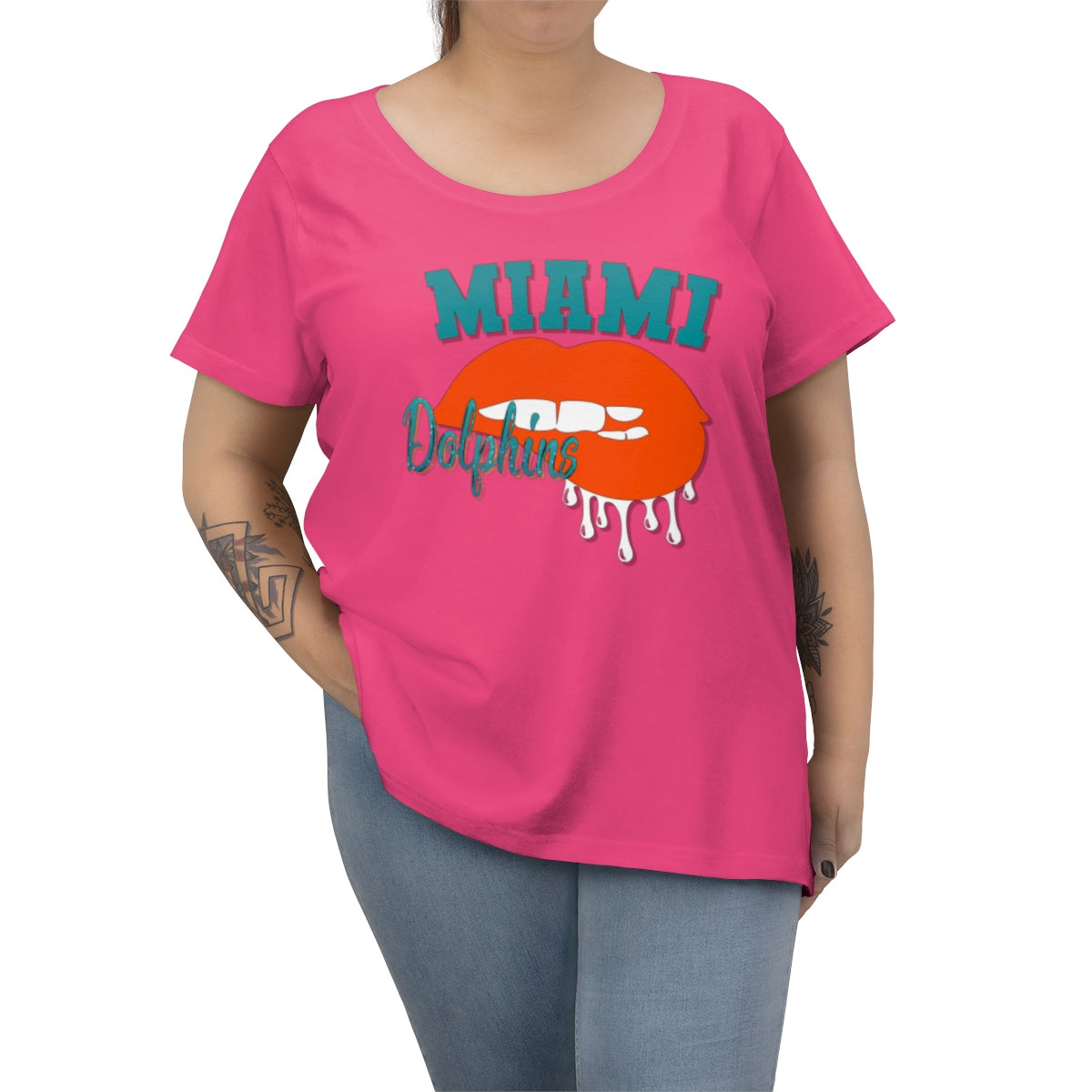 Miami Dolphins inspired Football Dripping Lips Women's Curvy Tee