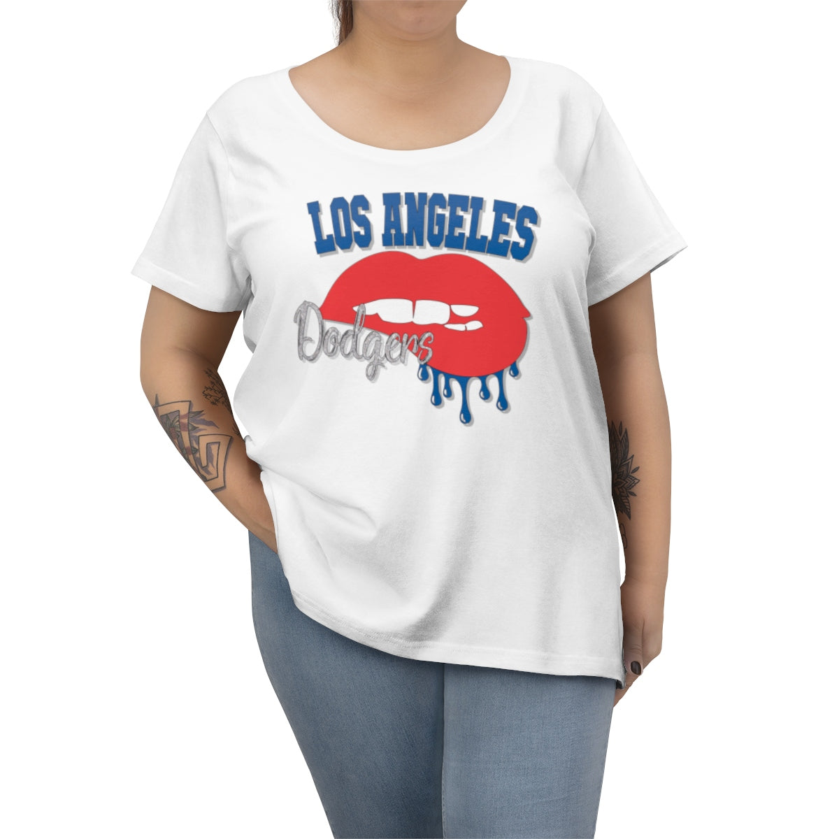 Dodgers inspired Baseball Dripping Lips Women's Curvy Tee