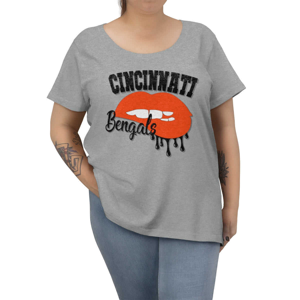 Cincinnati Bengals inspired Football Dripping Lips Women's Curvy Tee