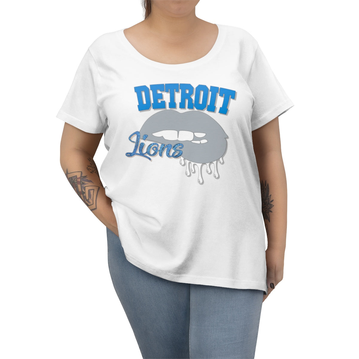 Detroit Lions inspired Football Dripping Lips Women's Curvy Tee