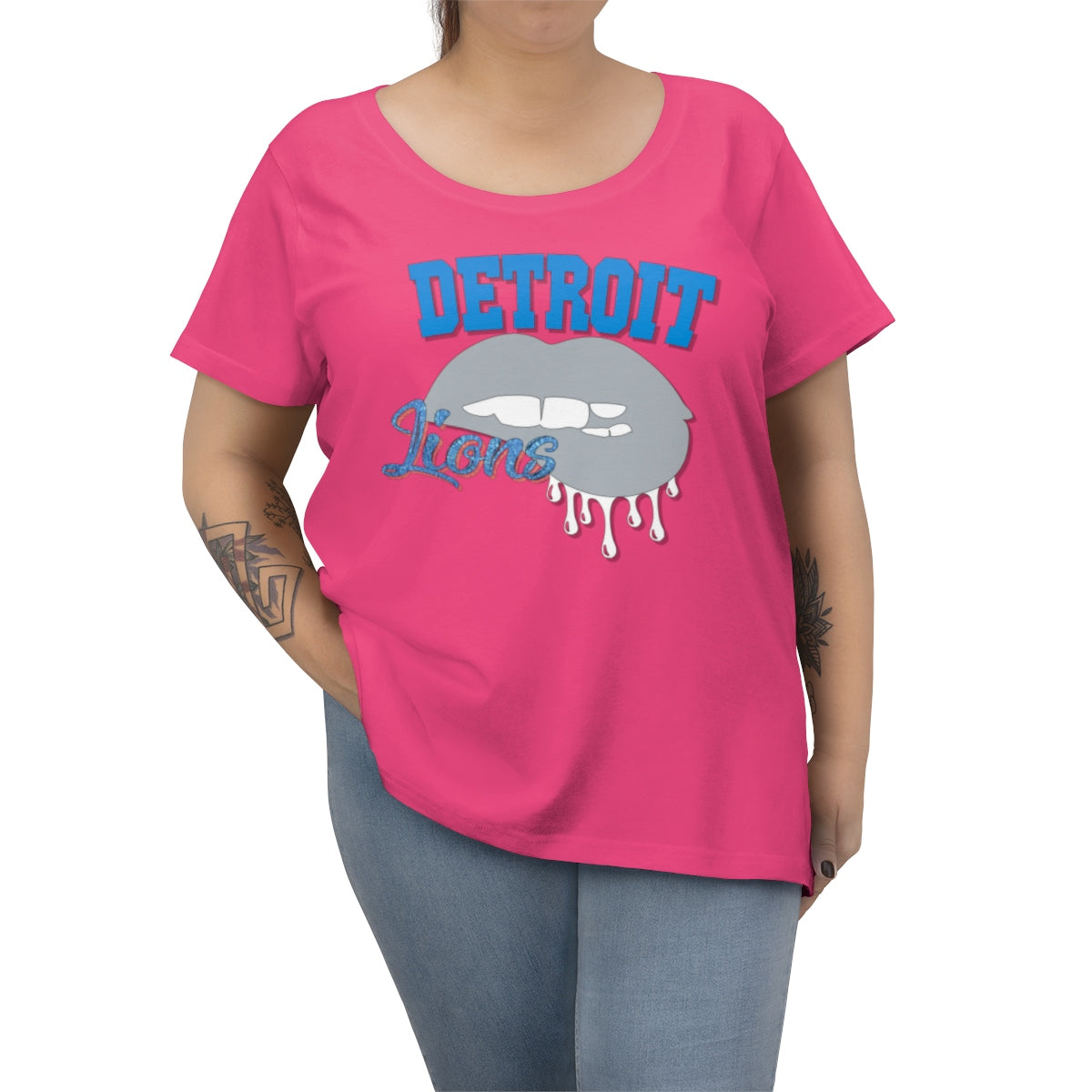 Detroit Lions inspired Football Dripping Lips Women's Curvy Tee