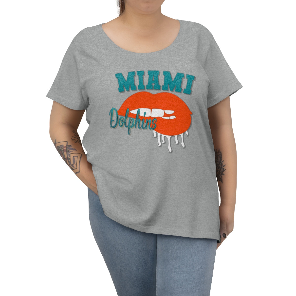 Miami Dolphins inspired Football Dripping Lips Women's Curvy Tee