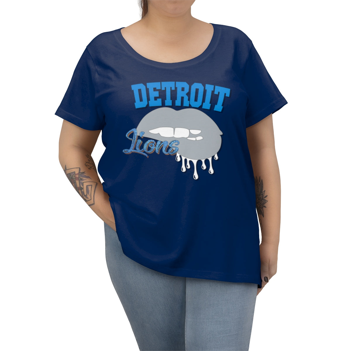 Detroit Lions inspired Football Dripping Lips Women's Curvy Tee