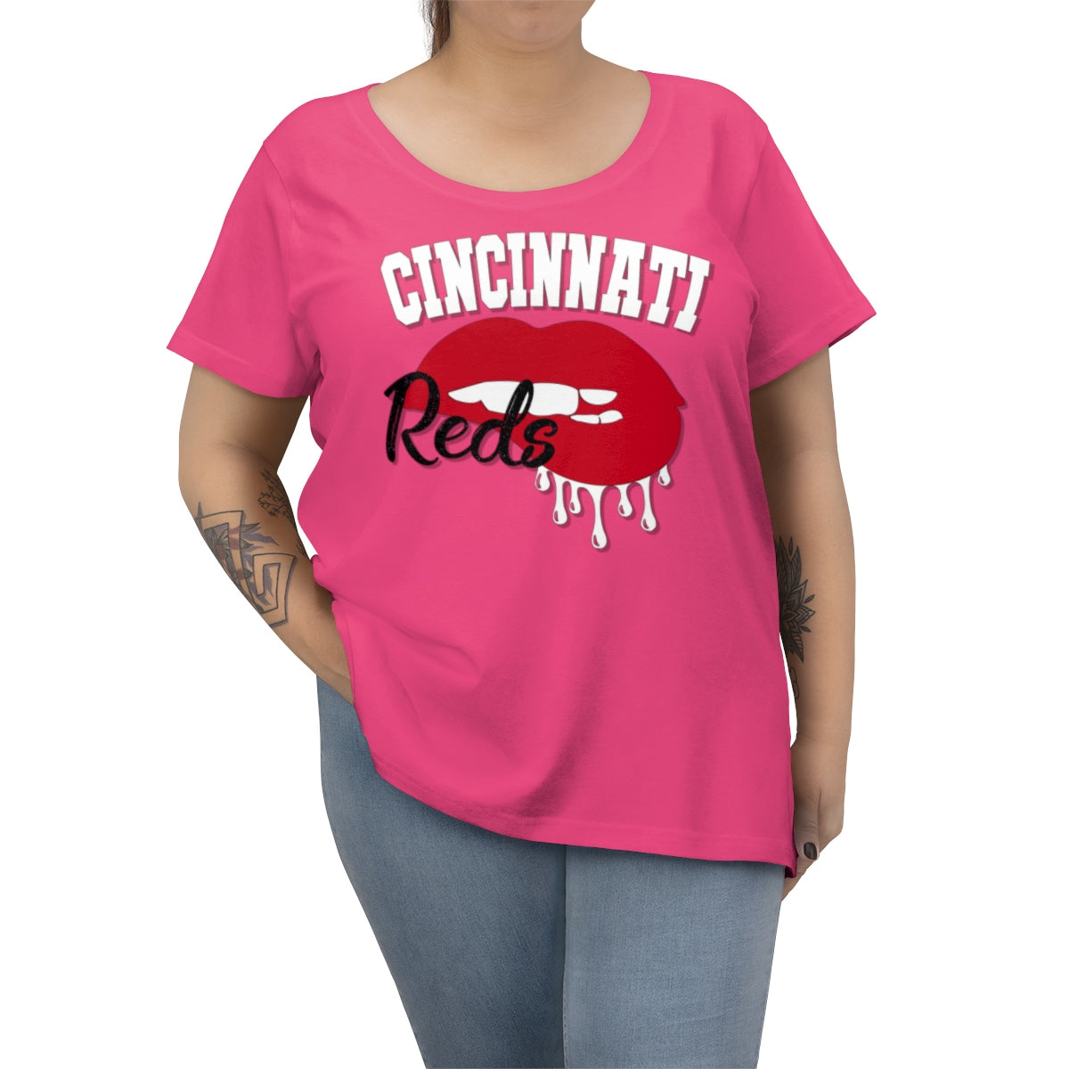 Cincinnati Reds inspired Baseball Dripping Lips Women's Curvy Tee