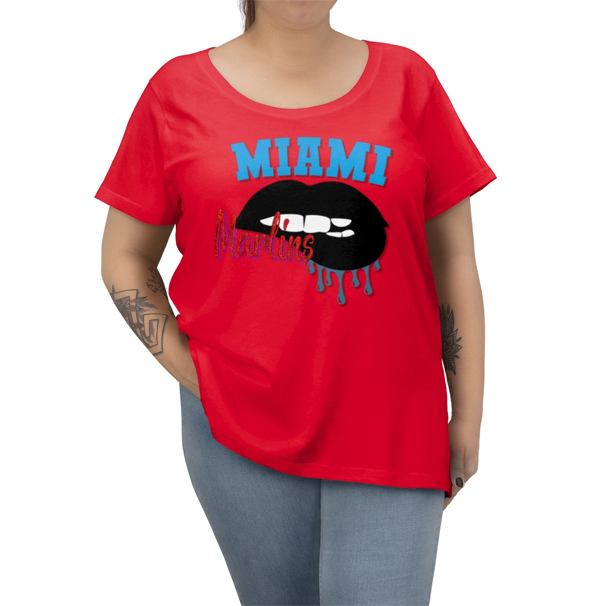 Marlins inspired Baseball Dripping Lips Women's Curvy Tee