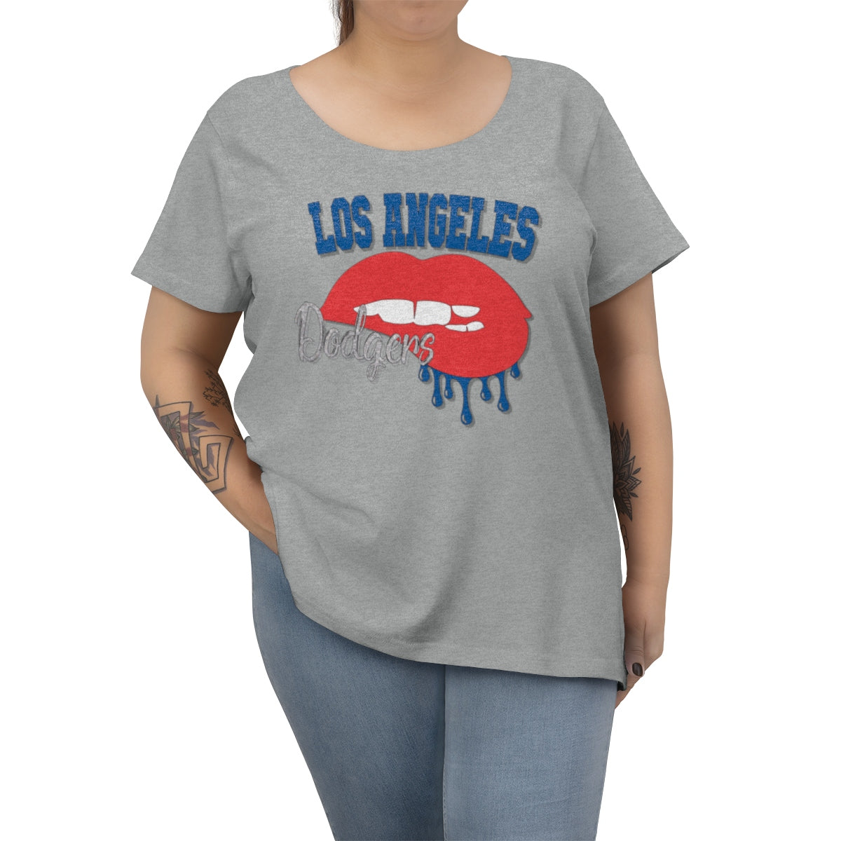 Dodgers inspired Baseball Dripping Lips Women's Curvy Tee