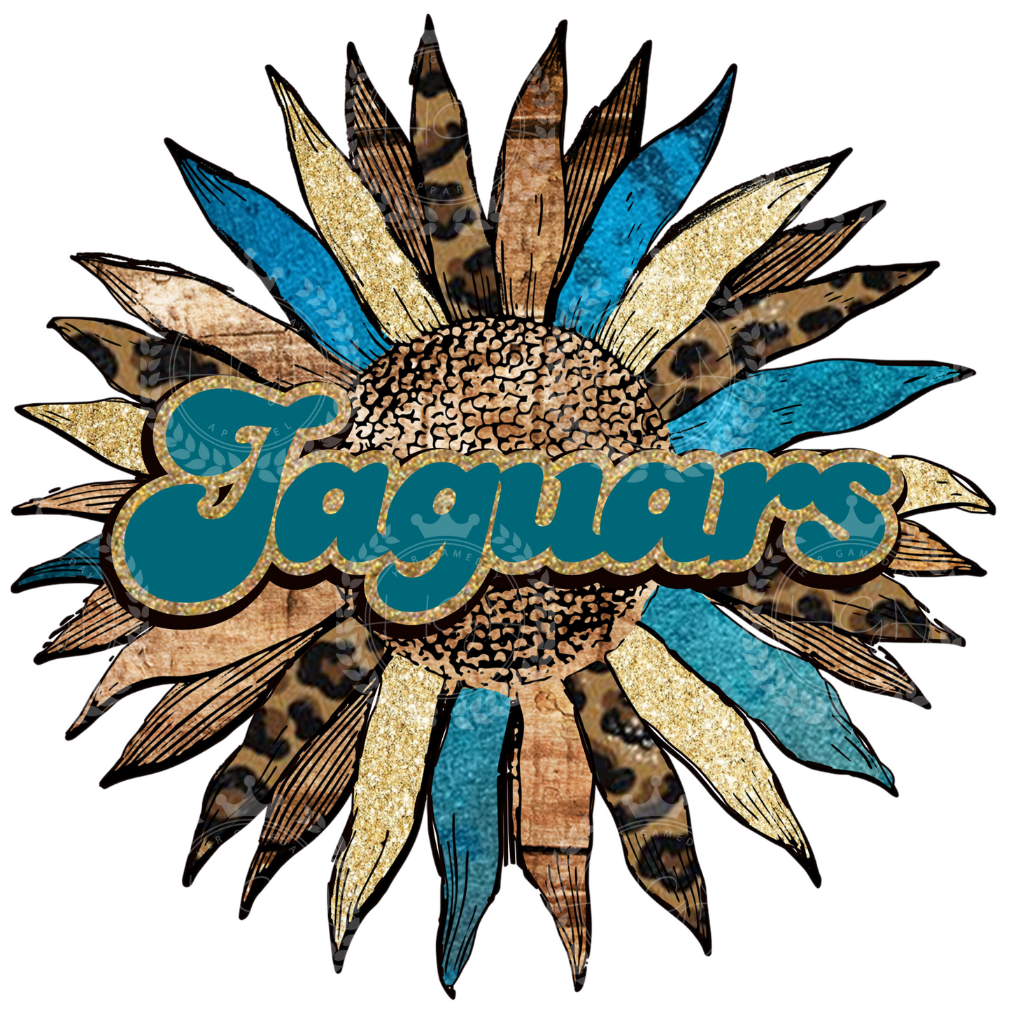 Jaguars Boho Sunflower Glitter, Teal & Leopard Print, Jacksonville Jaguars Inspired Women's Football Short Sleeve T-shirt