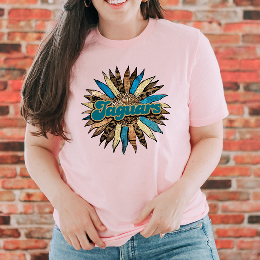 Jaguars Boho Sunflower Glitter, Teal & Leopard Print, Jacksonville Jaguars Inspired Women's Football Short Sleeve T-shirt