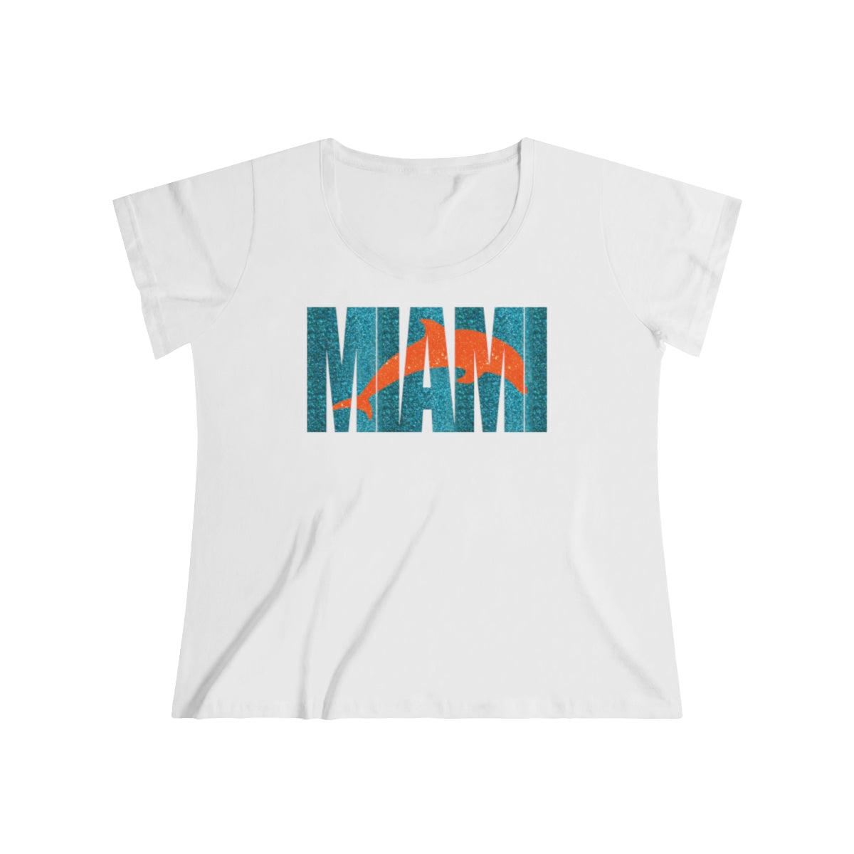 Miami Dolphins Inspired Ombre Glitter Text with Dolphin Glitter inset Women's Curvy Tee