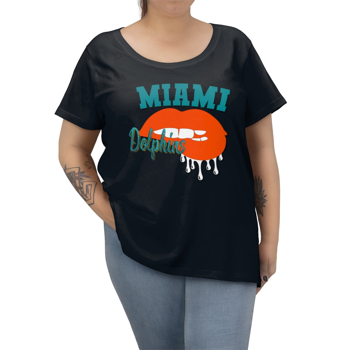 Miami Dolphins inspired Football Dripping Lips  Women's Curvy Tee