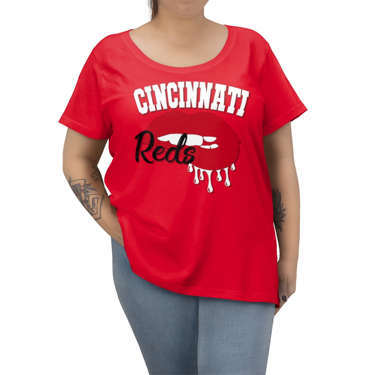 Cincinnati Reds inspired Baseball Dripping Lips Women's Curvy Tee